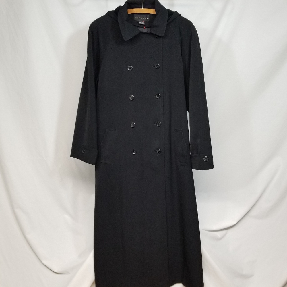 Gallery Utility Chic Womens Black Long Overcoat Removable Hood Trench Sz 10